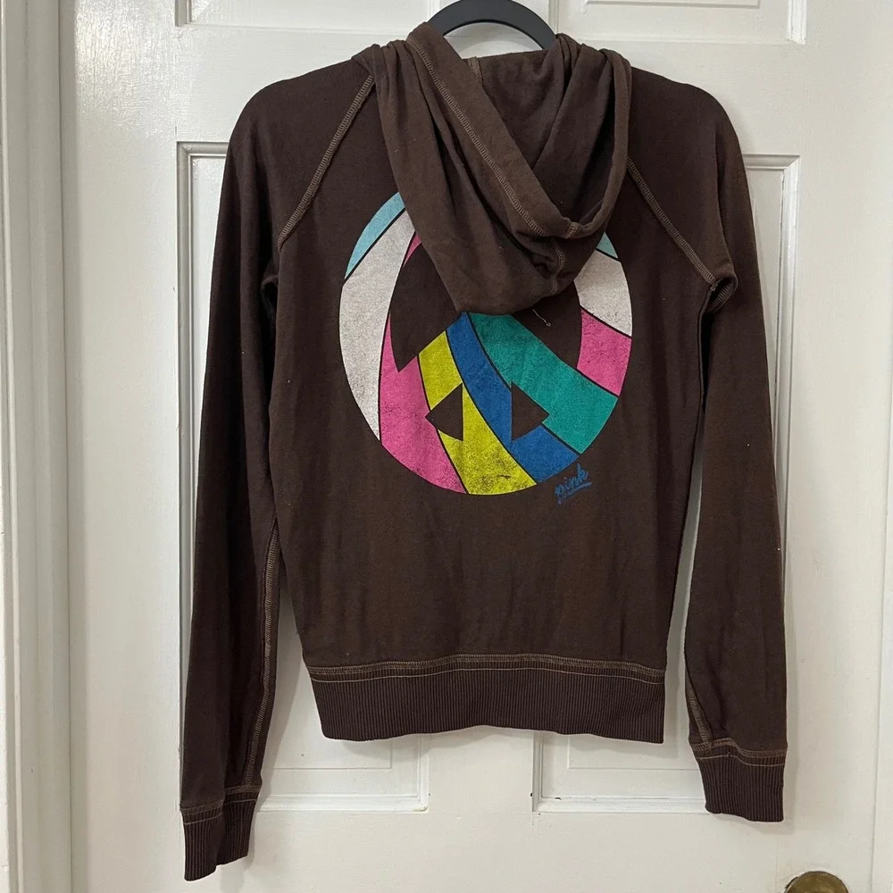 True Y2K VTG PINK Victoria's Secret Hoodie S Chocolate Brown Peace Sign Boho 00s
